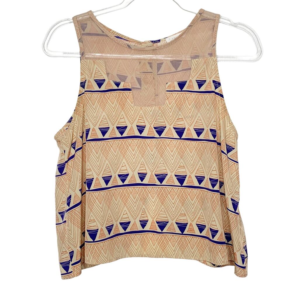 LUSH Aztec Print Cropped Top Scalloped Back Button Down Geometric Tan Blue Sz M